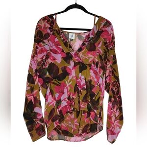 CAbi Pink Floral V-Neck Long Sleeve Blouse
